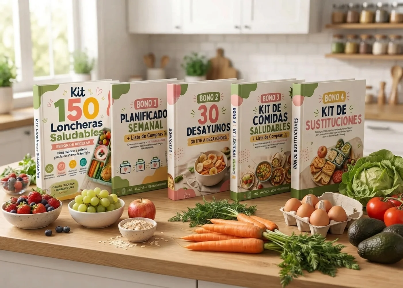 Composición del kit completo: cuaderno de recetas, tablet con una receta, los cuatro recursos complementarios y el planificador semanal