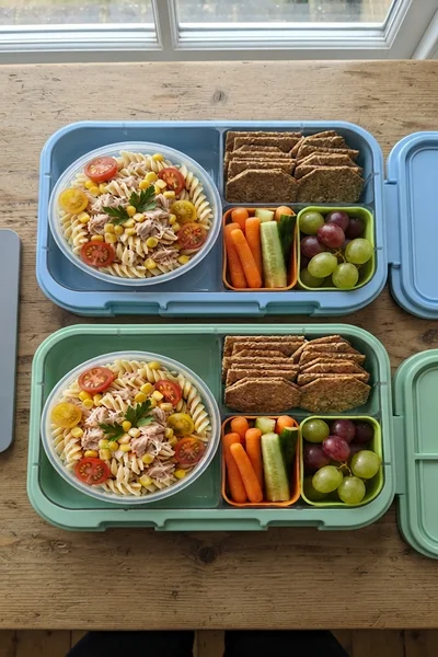 Dos loncheras con ensalada de pasta, galletas integrales, zanahoria, pepino y uvas