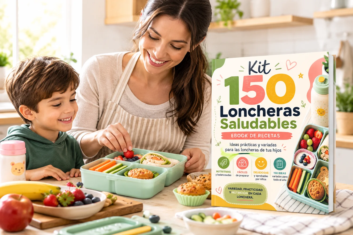 Mamá y su hijo preparando juntos una lonchera saludable junto al Kit de 150 Loncheras Saludables