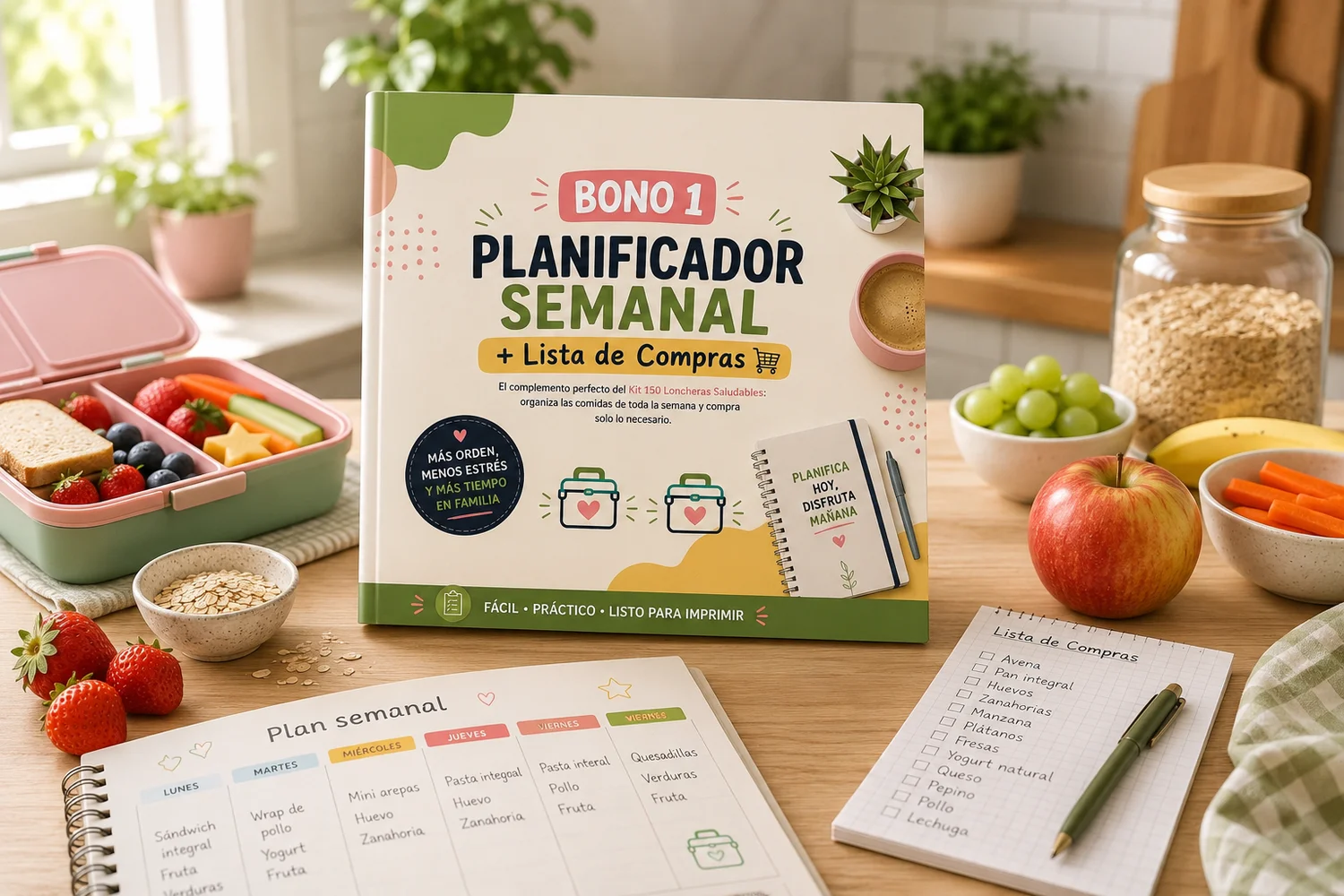 Planificador semanal impreso junto a una lista de compras y un lápiz