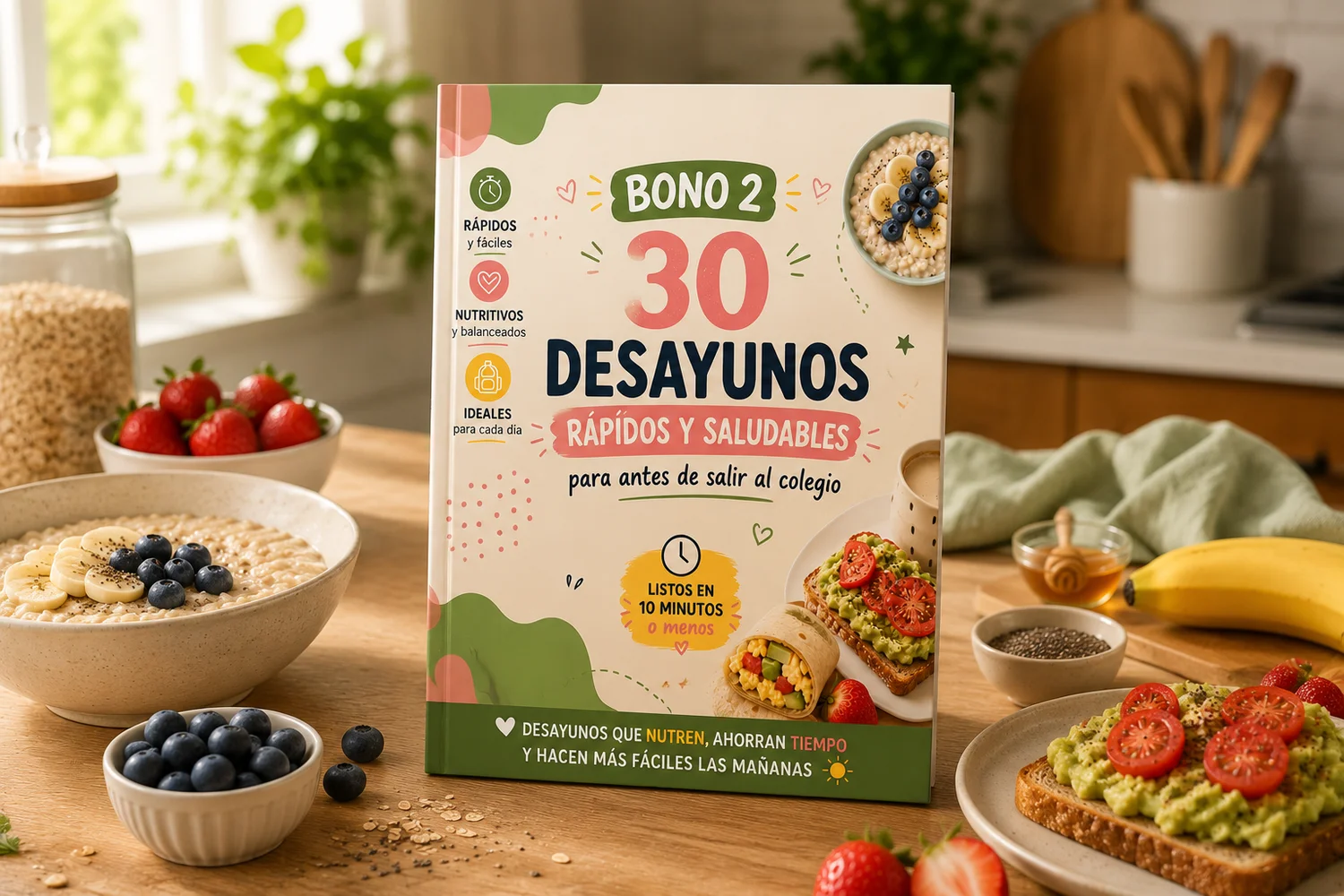 Recetario abierto en la sección de desayunos junto a un bol de yogur con frutas y tostada