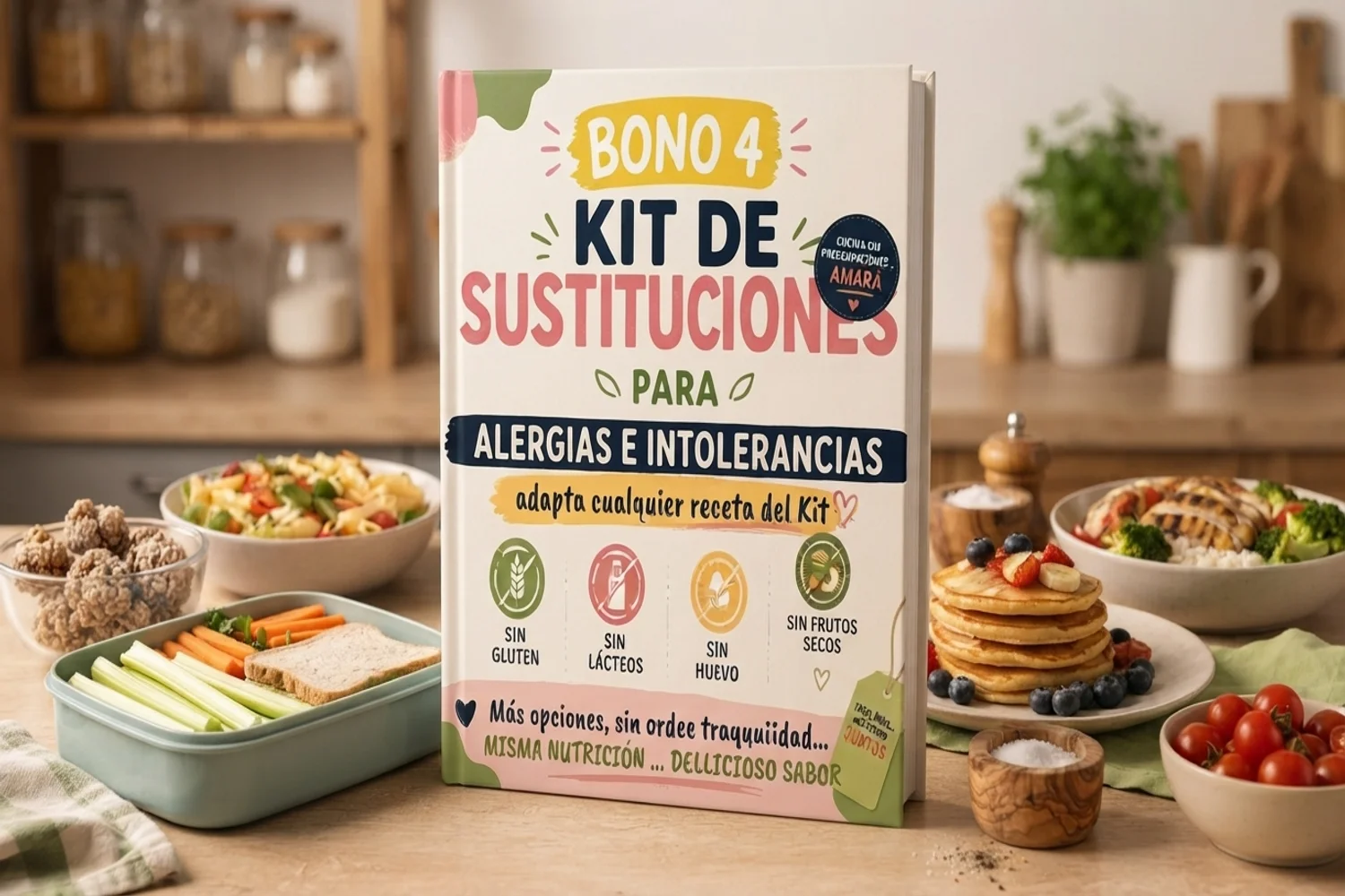 Tabla impresa de sustituciones rodeada de alimentos aptos para alergias